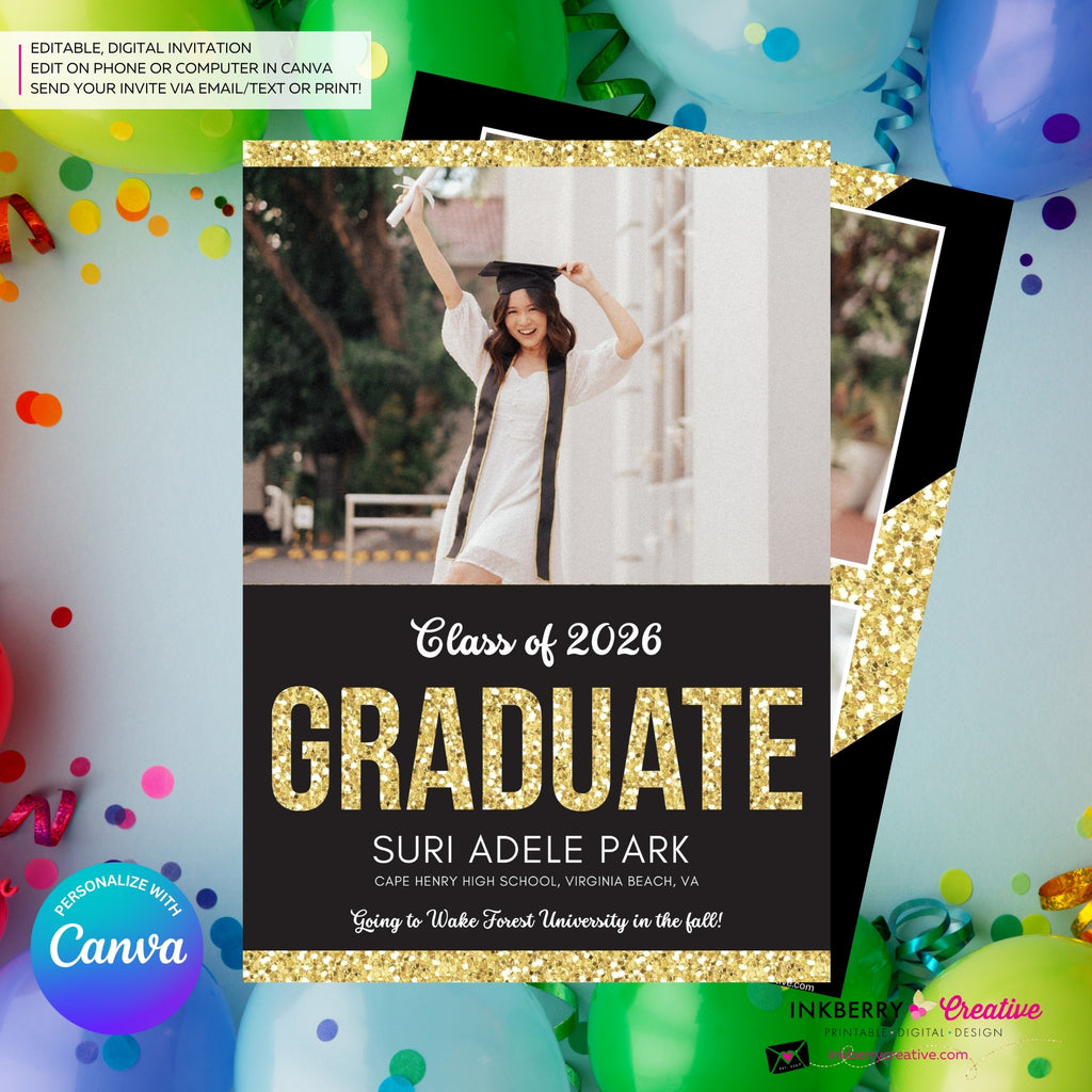 Gold Glitter Grad - 3 Photo Graduation Invitation or Announcement, Edit in Canva