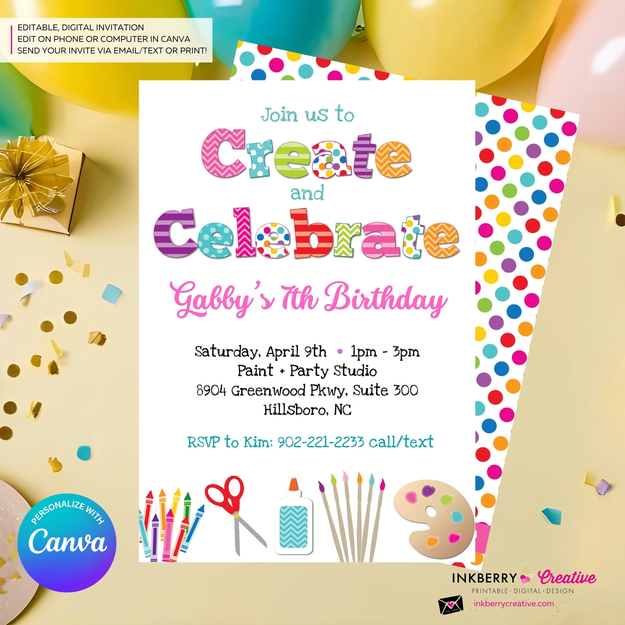 Create and Celebrate - Arts and Crafts Birthday Party Invitation, Kids Arts Crafts Painting Party - Printable, Instant Download, Edit in Canva
