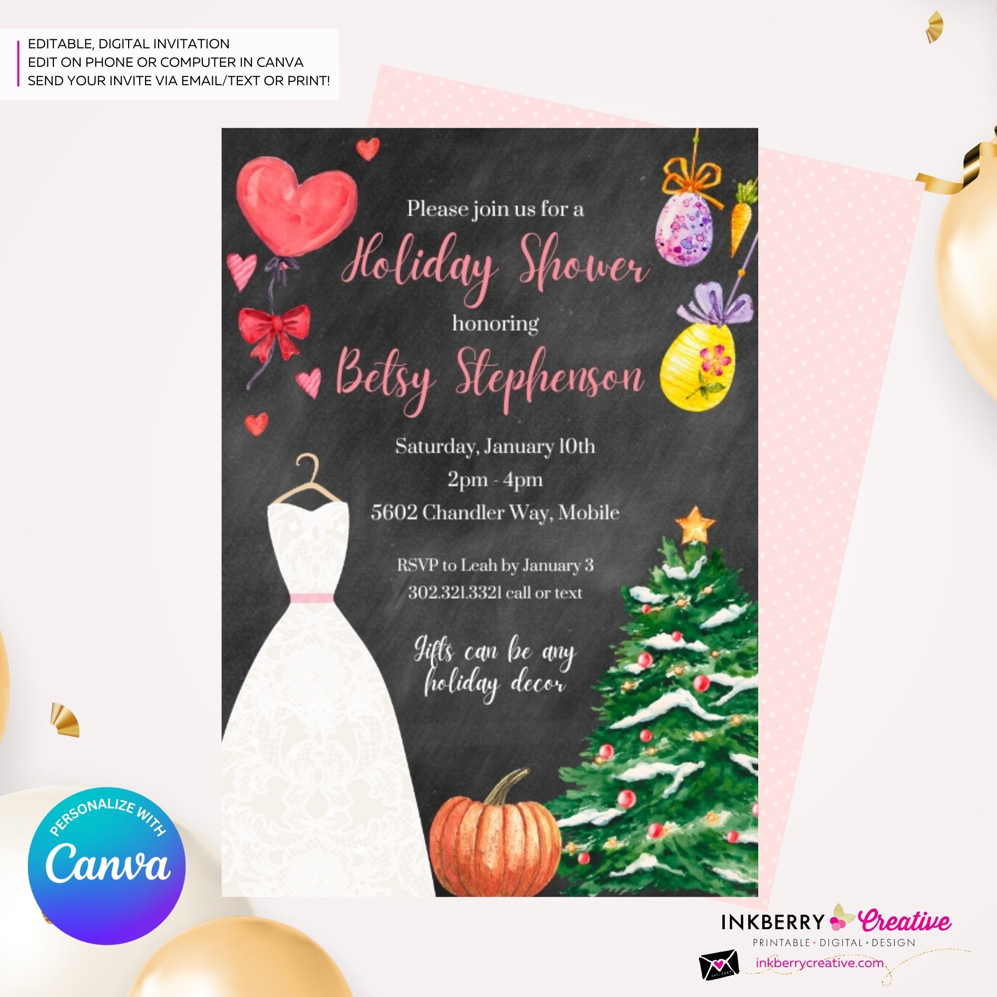 Holiday Theme Bridal Shower Invitation, Digital Printable File, Personalize and Edit in Canva