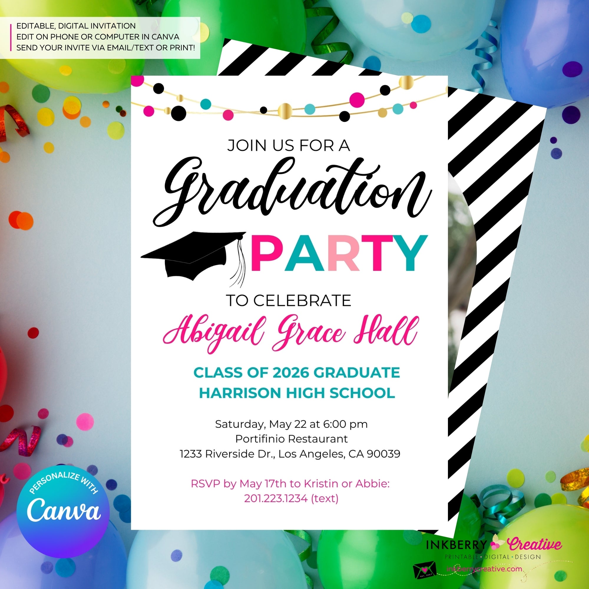 Colorful Graduation Garland Party Invitation - Photo Back - Editable in Canva