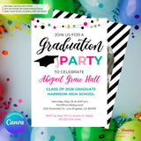 Colorful Graduation Garland Party Invitation - Photo Back - Editable in Canva