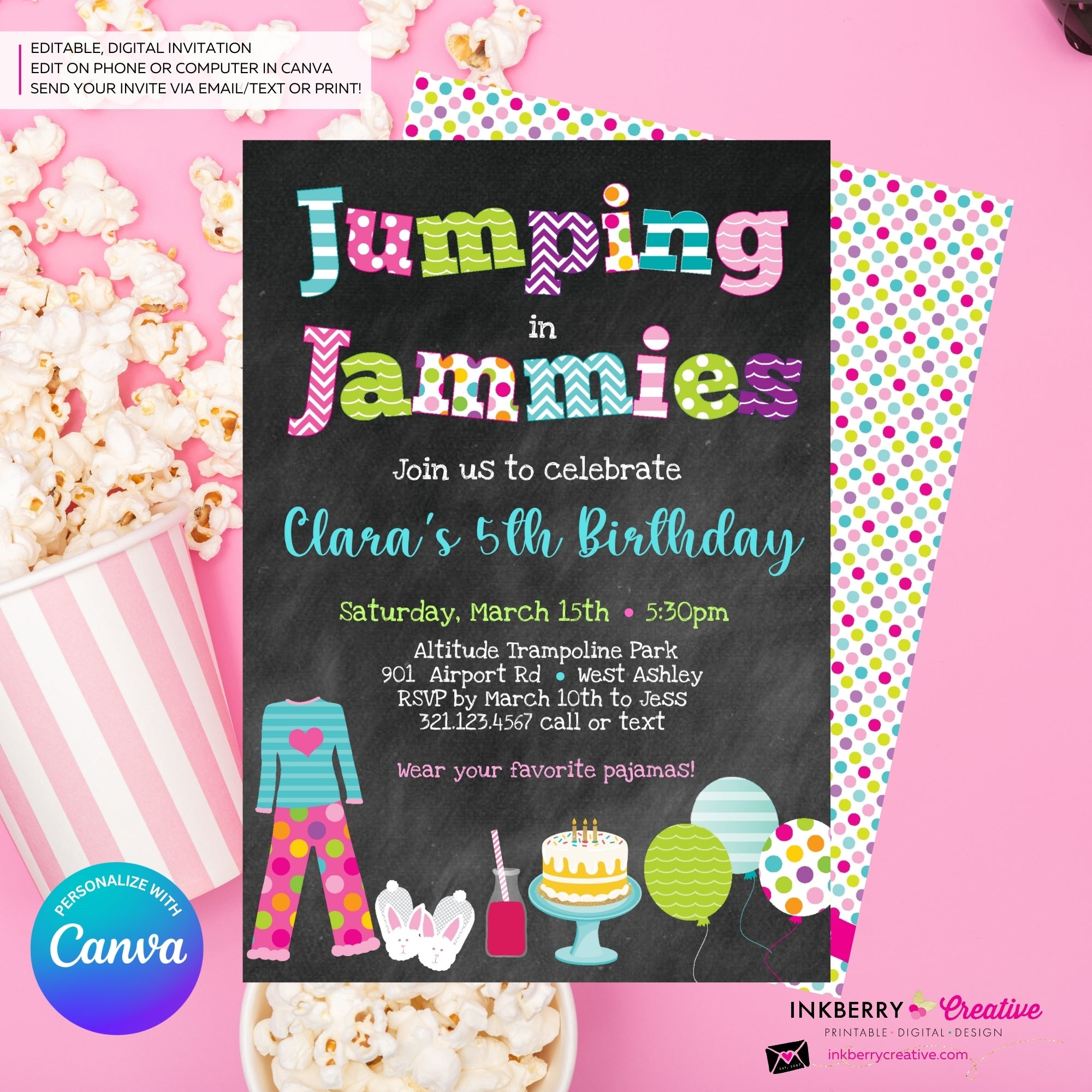 Jumping in Jammies Birthday Party Invitation - Chalkboard, Pajama, Trampoline Park, Bounce House Invite (Printable, Instant Download, Edit in Canva)