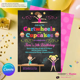Gymnastics Party Invitation (Chalkboard) - Cartwheels and Cupcakes Gymnastics Birthday Party Invite - Printable, Instant Download, Edit in Canva