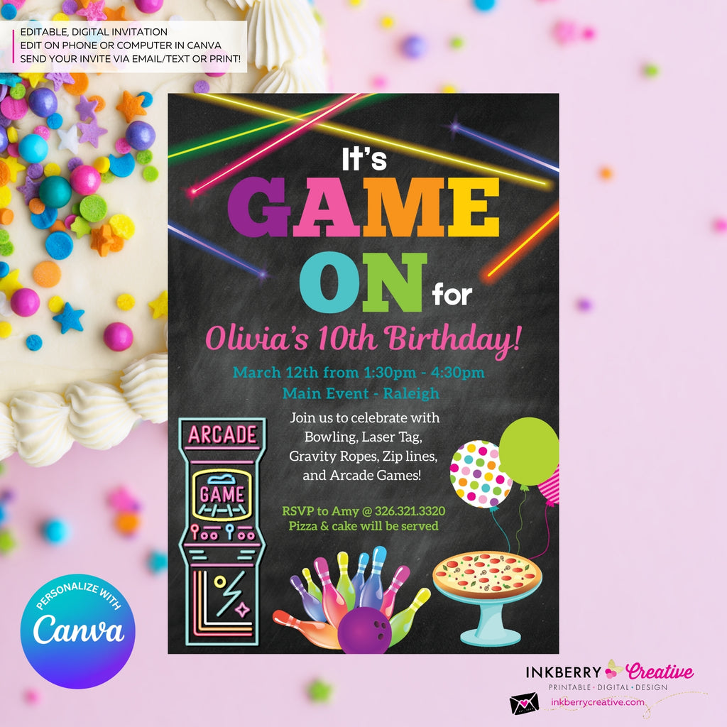 Game On - Arcade Games, Laser Tag, Pizza, Bowling Birthday Party Invitation, Girls Arcade Party, Printable, Instant Download, Edit in Canva