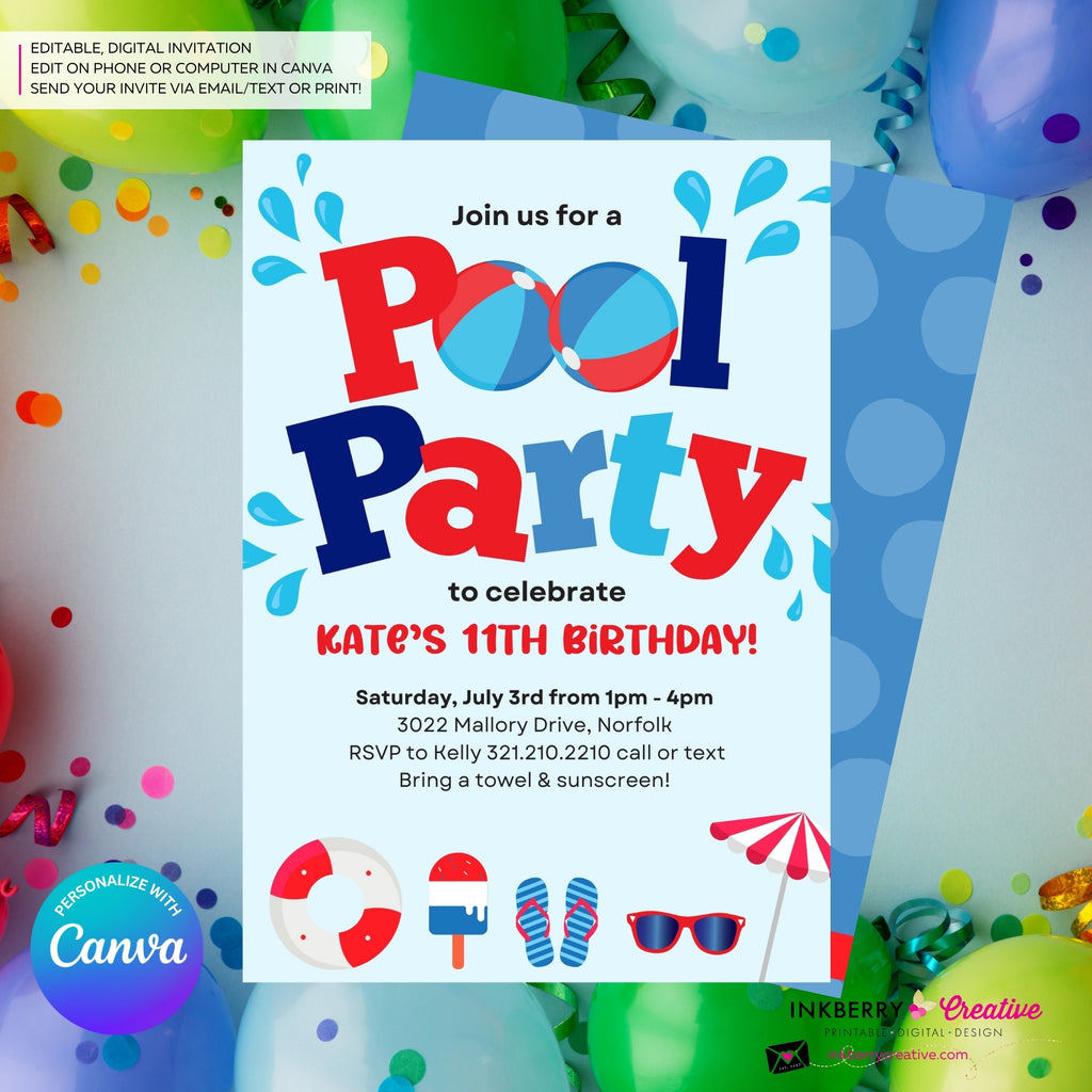Patriotic Pool Party Invitation - Summer, Patriotic, 4th of July, Memorial Day, Pool Party - Printable, Instant Download, Edit in Canva