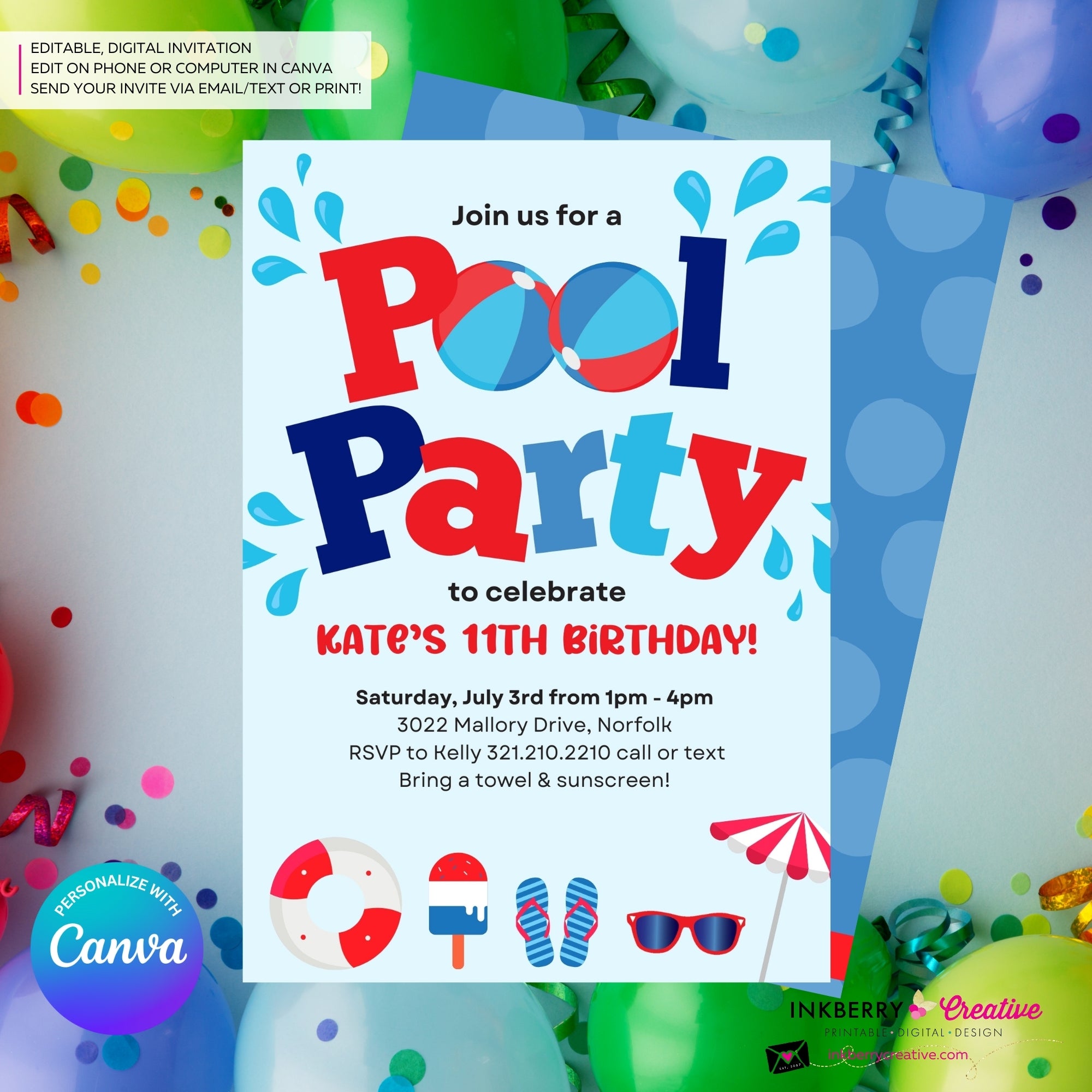 Patriotic Pool Party Invitation - Summer, Patriotic, 4th of July, Memorial Day, Pool Party - Printable, Instant Download, Edit in Canva