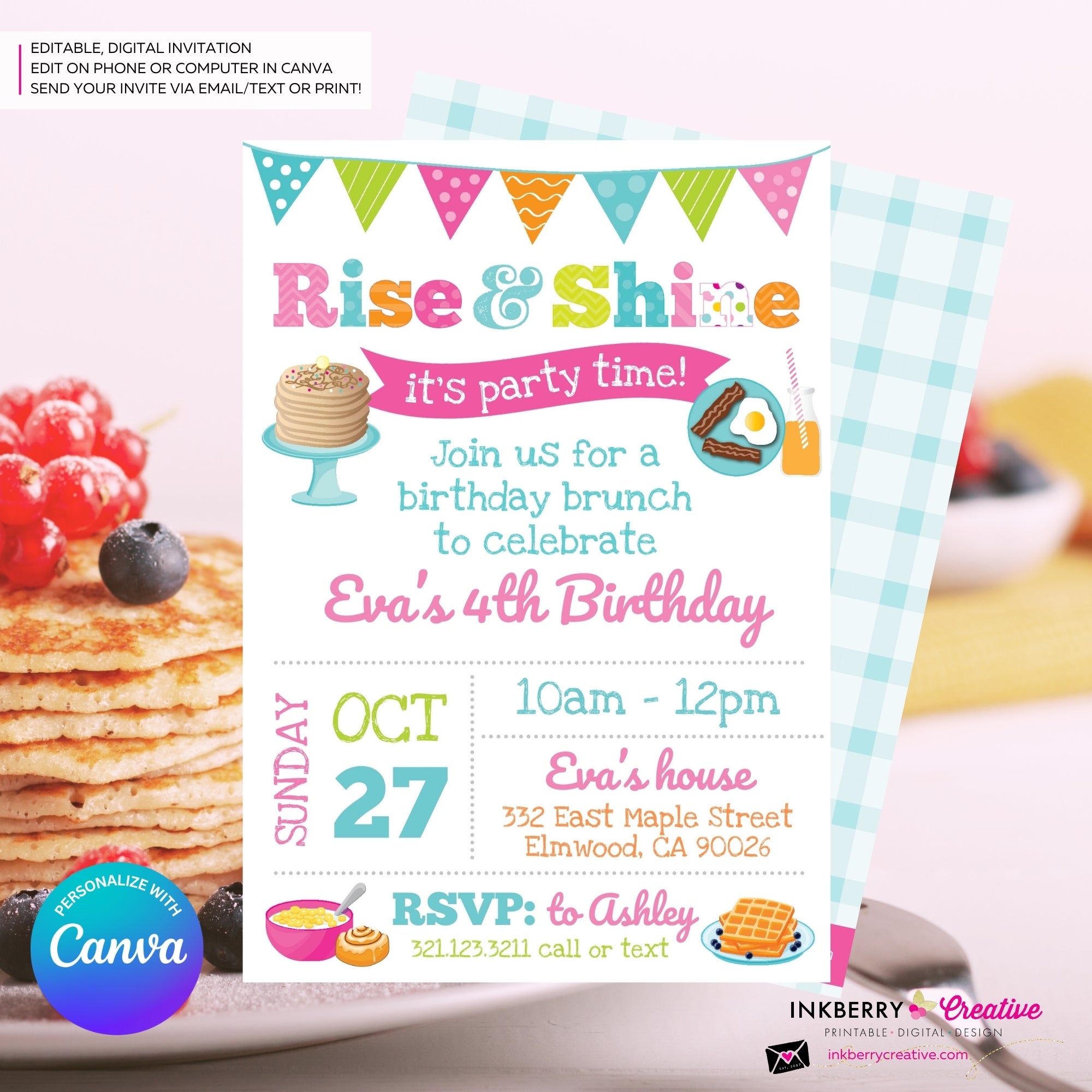 Rise and Shine Girls Birthday Breakfast Brunch Party Invitation, Pancakes, Bacon, Eggs, Waffles - Editable in Canva