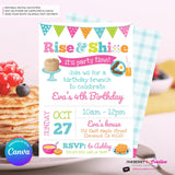 Rise and Shine Girls Birthday Breakfast Brunch Party Invitation, Pancakes, Bacon, Eggs, Waffles - Editable in Canva