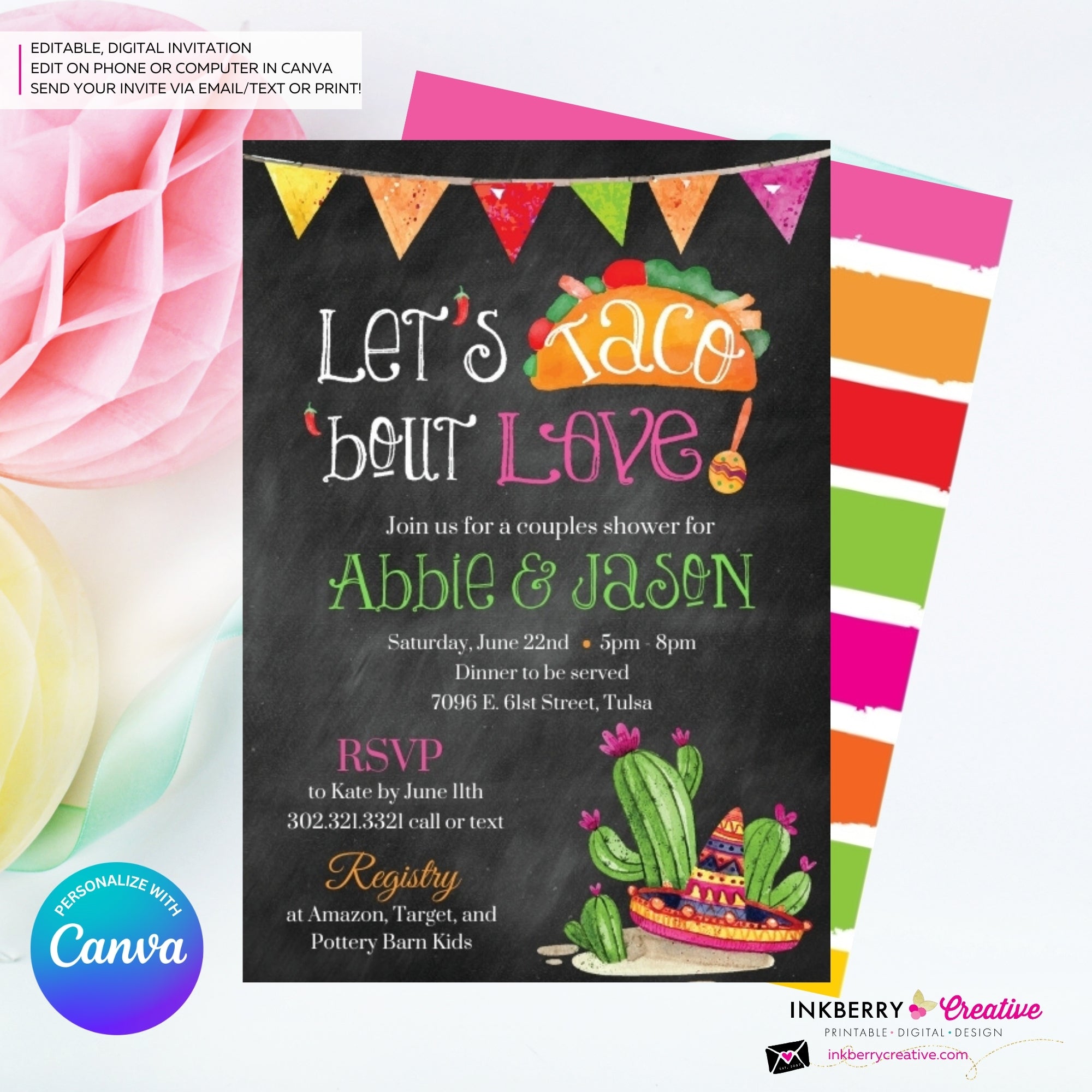 Taco 'bout Love - Couples, Coed, Taco, Mexican Theme Bridal Shower Invitation, Chalkboard, Digital File, Edit in Canva