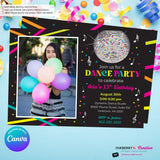 Neon Dance Party Birthday Party Photo Invitation, Digital, Printable File, Edit in Canva
