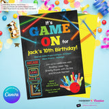 Game On - Arcade Games, Laser Tag, Bowling Birthday Party Invitation - Boys Arcade Game Party - Printable, Instant Download, Edit in Canva