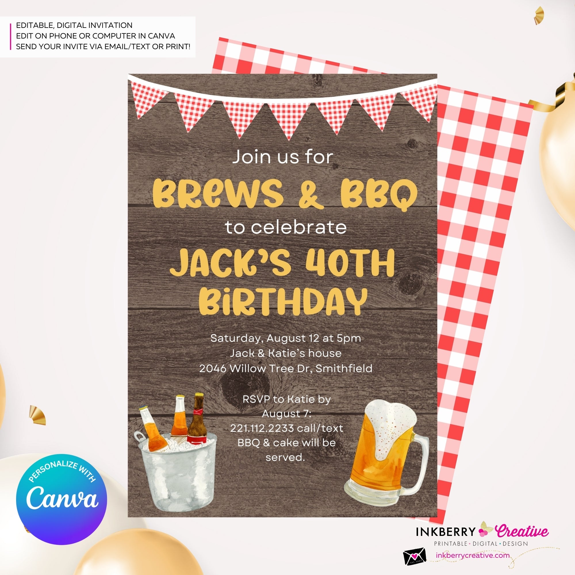 Brews & BBQ Backyard Cookout, Barbecue Theme Birthday Party or Shower Invitation - Personalize and Edit in Canva