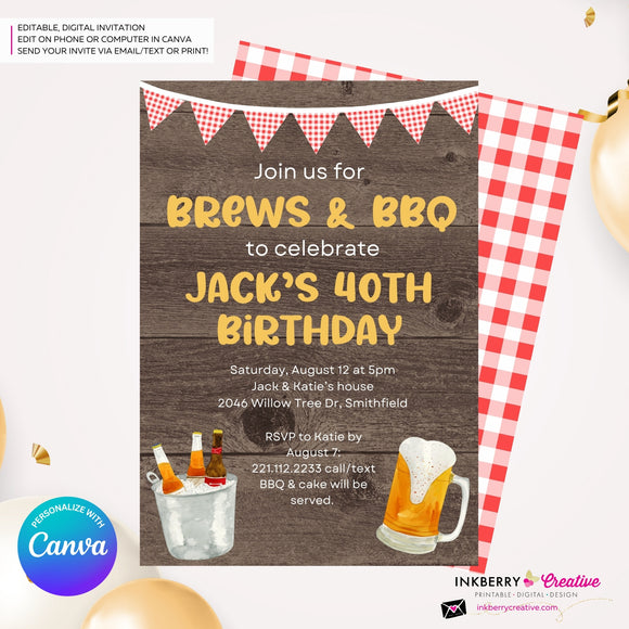 Brews & BBQ Backyard Cookout, Barbecue Theme Birthday Party or Shower Invitation - Personalize and Edit in Canva
