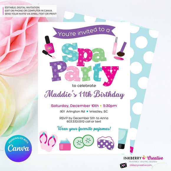 Spa Birthday Party Invitation - Printable, Instant Download, Edit in Canva