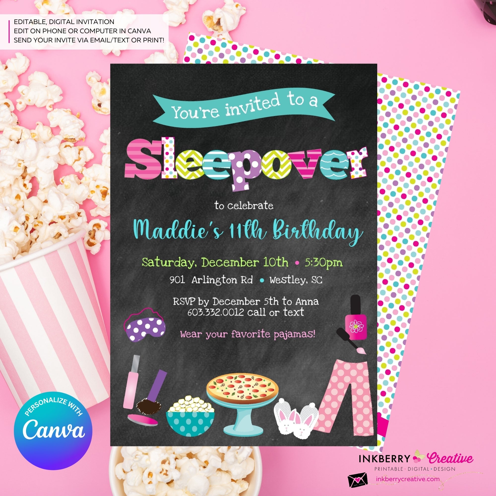 Sleepover Slumber Birthday Party Invitation (Chalkboard Style) - Kids Pizza Pajama Slumber Sleepover Birthday Party Invite - Printable, Instant Download, Edit in Canva