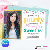 Confetti Pop Photo Party Invitation (White) - Any Age, Any Occasion, Gold, Aqua, Pink Confetti, Birthday Photo invite, Sweet 16, Edit in Canva
