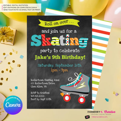 Editable Roller Skating Birthday Party Invitation - Boys Roller Skate Party Invite, Chalkboard, Roller Skating Rink Invite, Edit in Canva