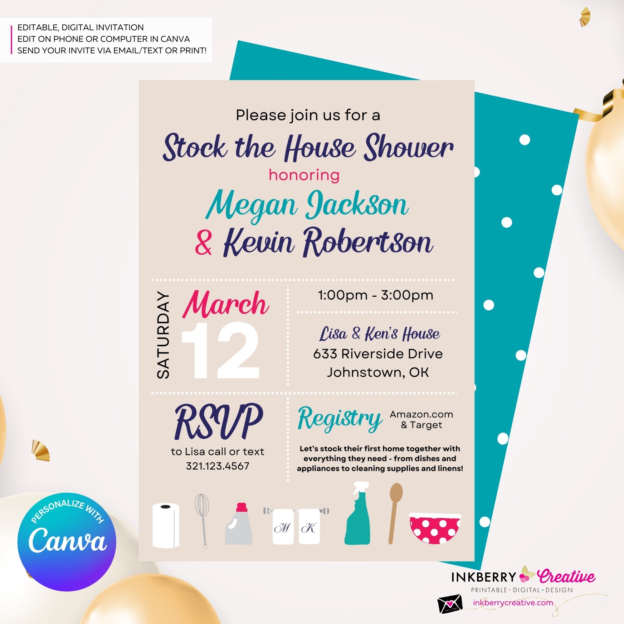 Stock the House Bridal Shower Invitation, Couples Co-ed Shower theme, House Warming Party Invitation, Printable, Digital File, Edit in Canva
