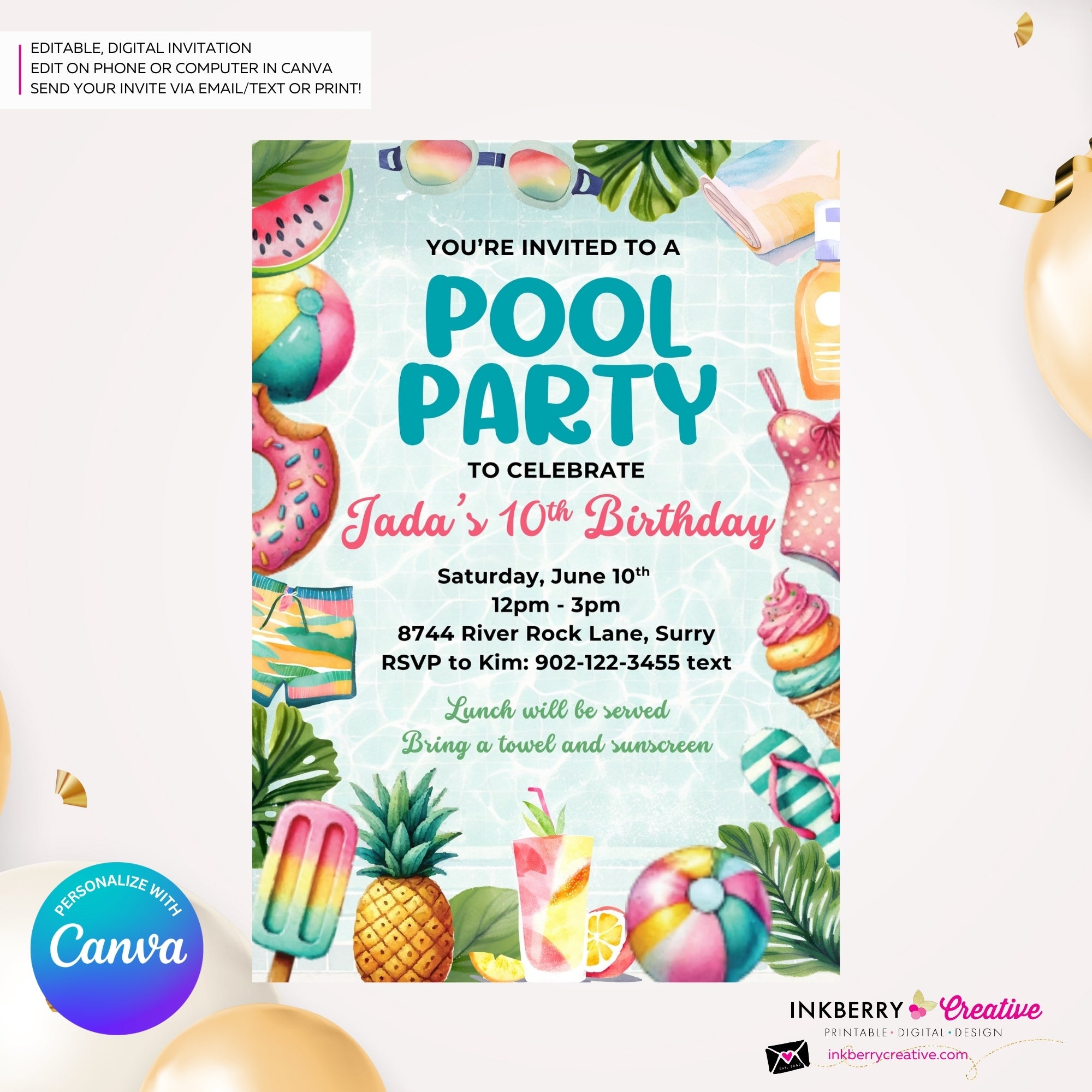 Summertime Fun Pool Party Invitation - Summer Pool Party - Printable, Instant Download, Editable in Canva