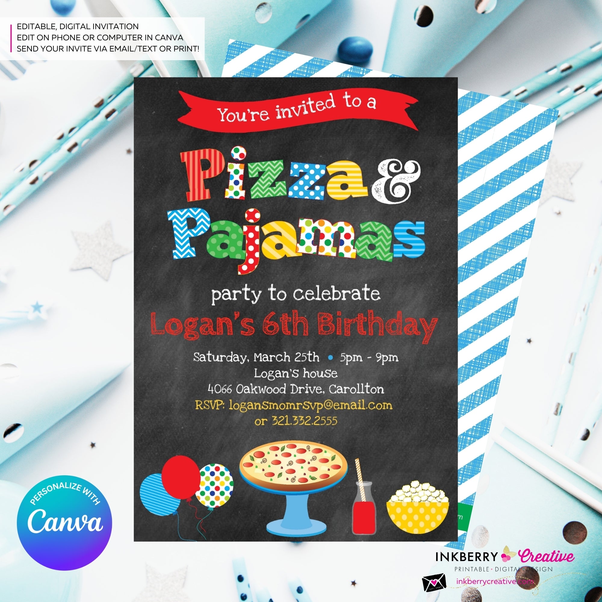 Pizza and Pajamas Party Invitation (Boys) - Chalkboard Style, Kids Pizza Pajama Birthday Party Invite - Edit in Canva