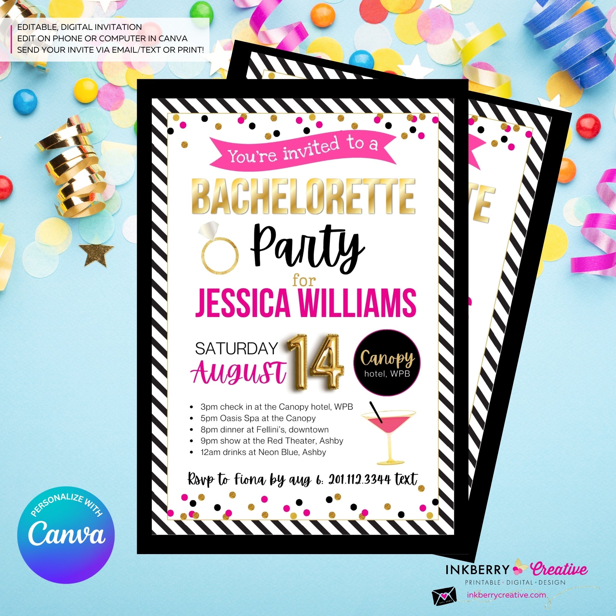 Bachelorette Party Invitation Pink, Black, Gold Confetti - Digital Printable File, Personalize and Edit in Canva