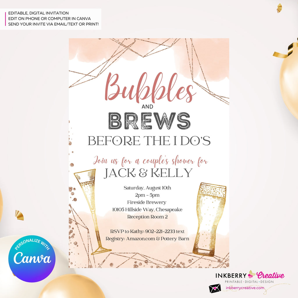 Bubbles and Brews Rose Gold Bridal Shower, Couples Shower Invitation, Digital Printable File, Personalize and Edit in Canva