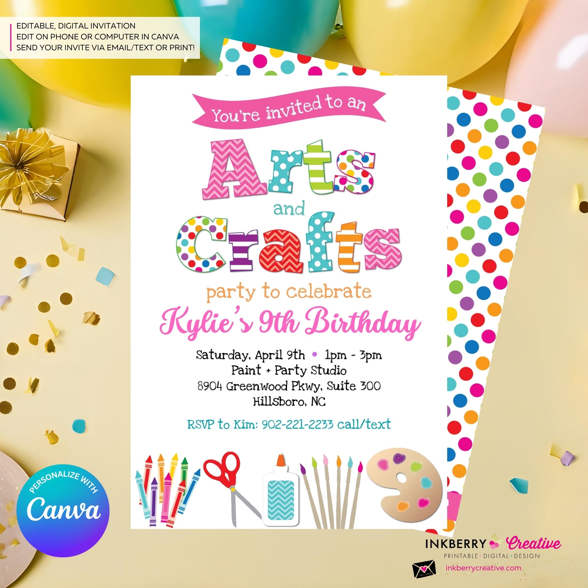 Arts and Crafts Birthday Party Invitation, Kids Arts Crafts Painting Party - Printable, Instant Download, Edit in Canva