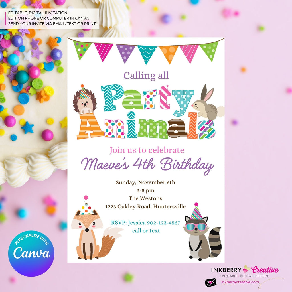 Editable Party Animal Birthday Party Invitation - Girls Cute Woodland Forest Animals Party Invite, Customize and Edit in Canva