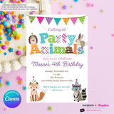 Editable Party Animal Birthday Party Invitation - Girls Cute Woodland Forest Animals Party Invite, Customize and Edit in Canva