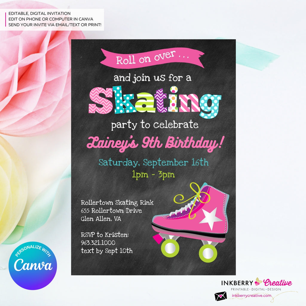 Editable Roller Skating Birthday Party Invitation - Girls Roller Skate Party Invite, Chalkboard, Roller Skating Rink Invite, Edit in Canva