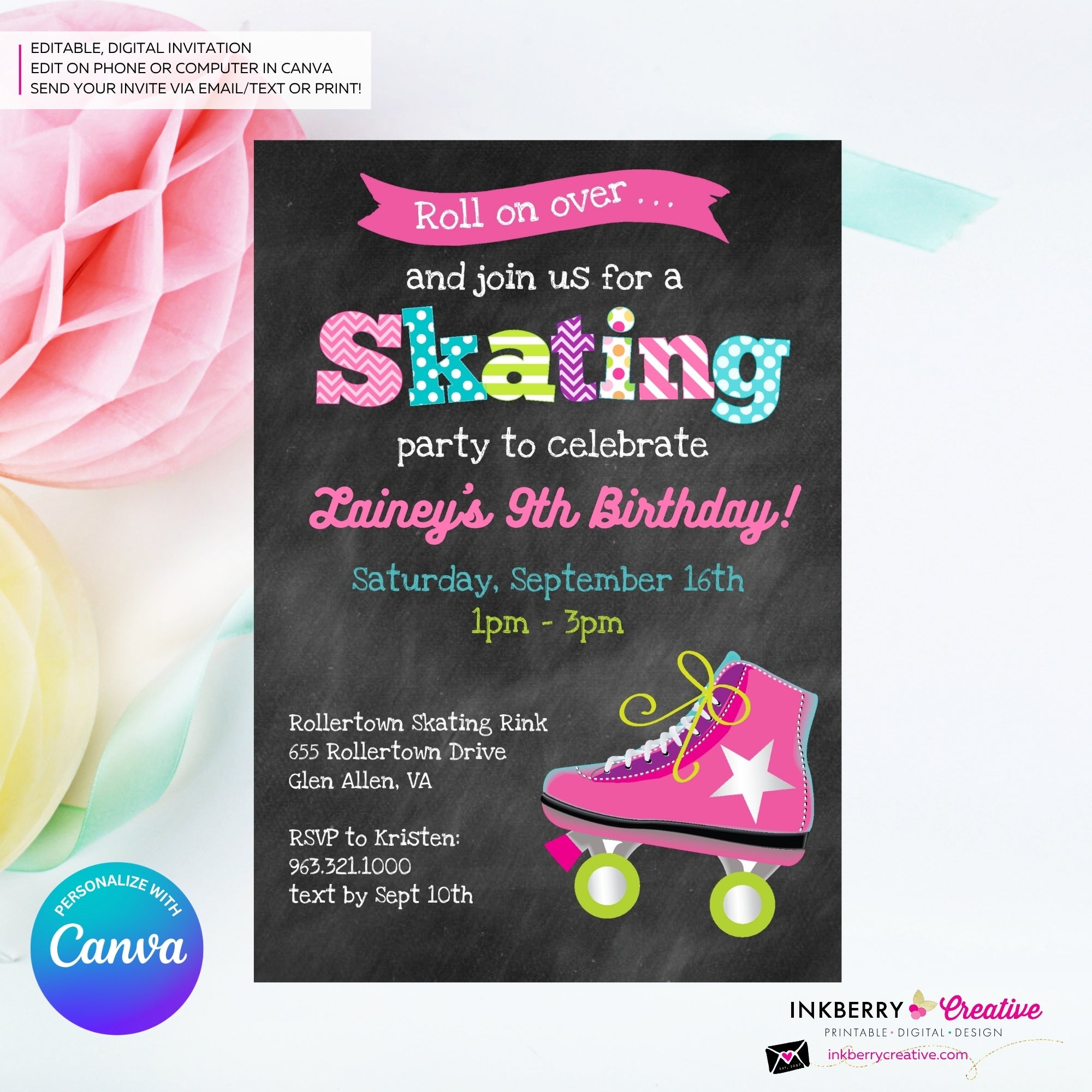 Editable Roller Skating Birthday Party Invitation - Girls Roller Skate Party Invite, Chalkboard, Roller Skating Rink Invite, Edit in Canva