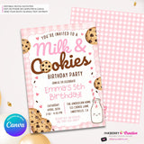 Milk and Cookies Birthday Party Invitation - Girls Pink, Brown, First Birthday or Any Age, Instant Download, Personalize and Edit in Canva