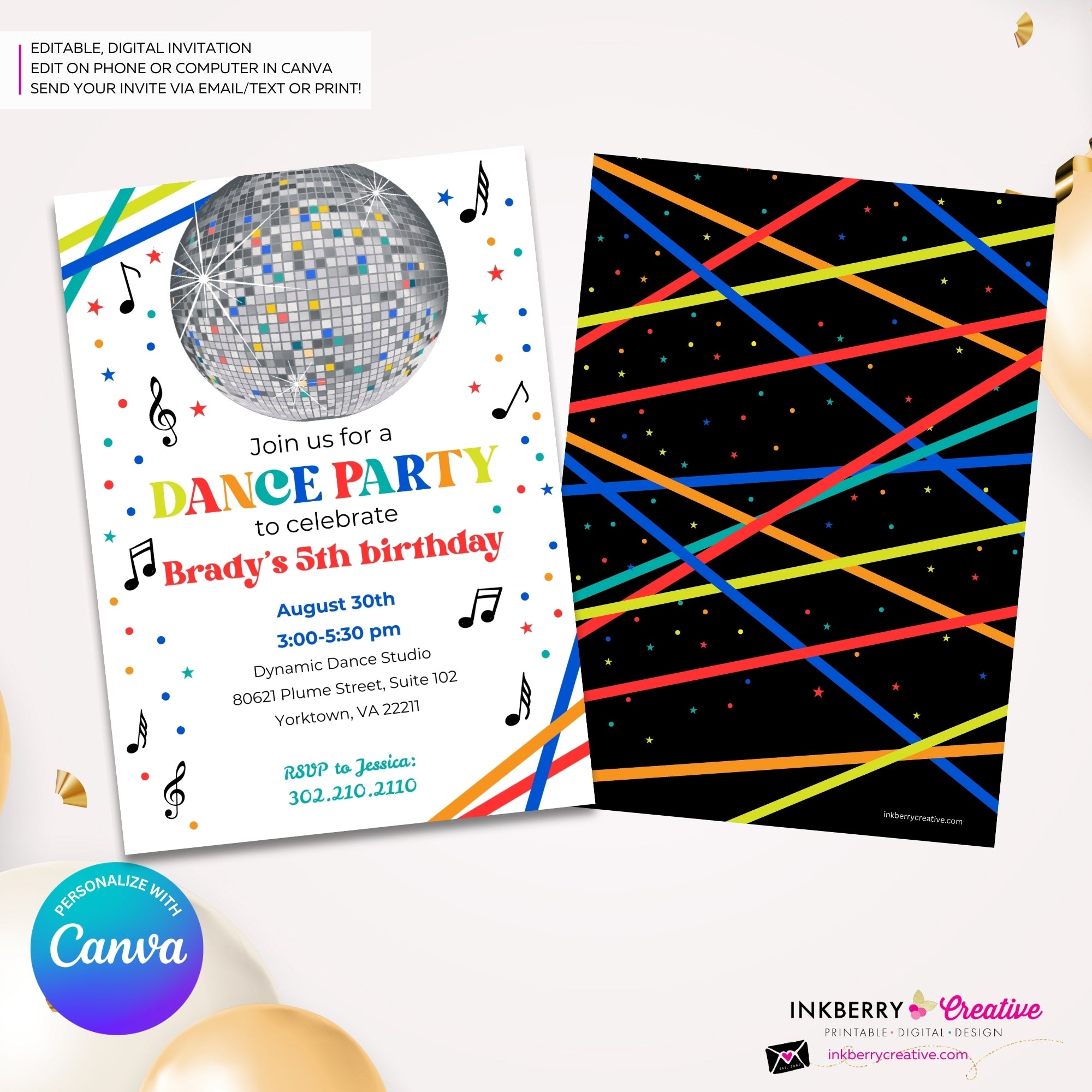Neon Glow Dance Party Invitation (Boys White Multi) with Disco Ball - Printable, Instant Download, Edit in Canva