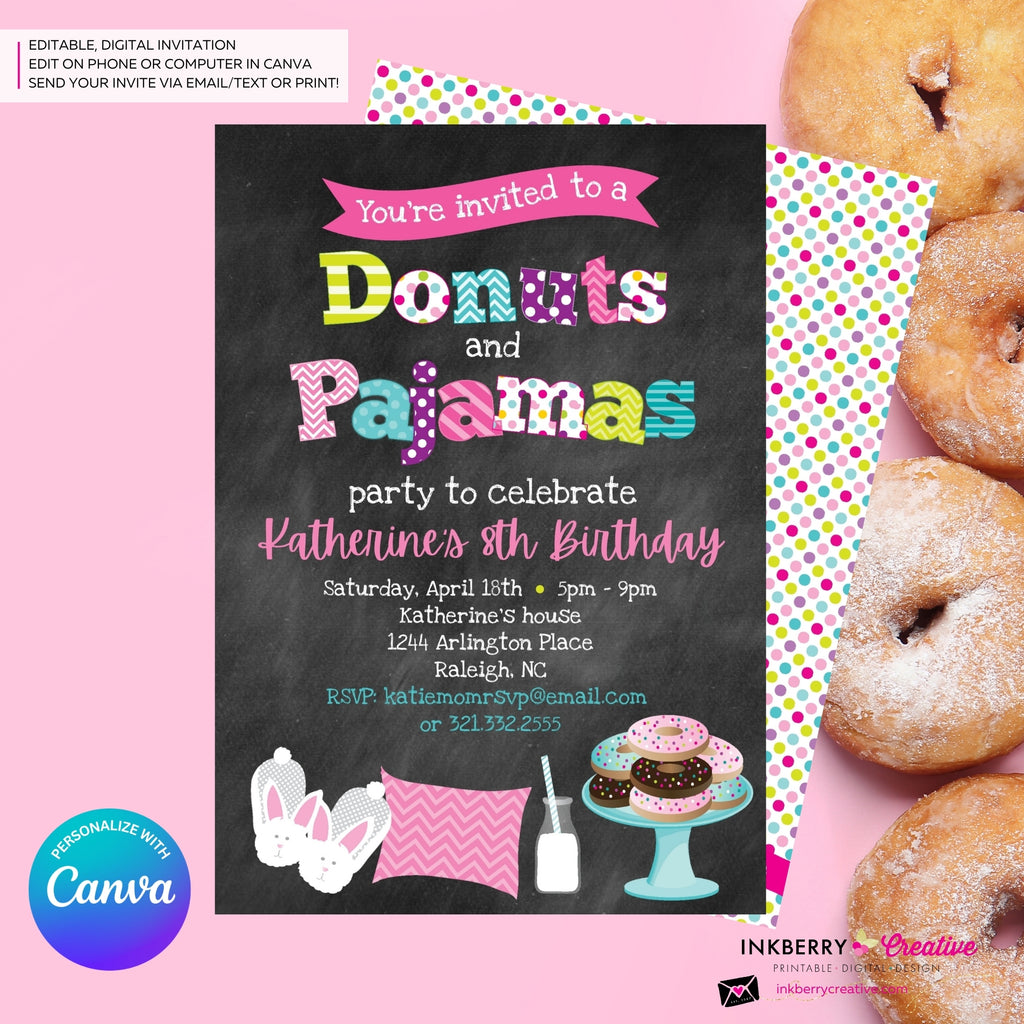 Donuts and Pajamas Party Invitation (Chalkboard Style) - Kids Donut Breakfast Pajama Birthday Party Invite - Edit in Canva