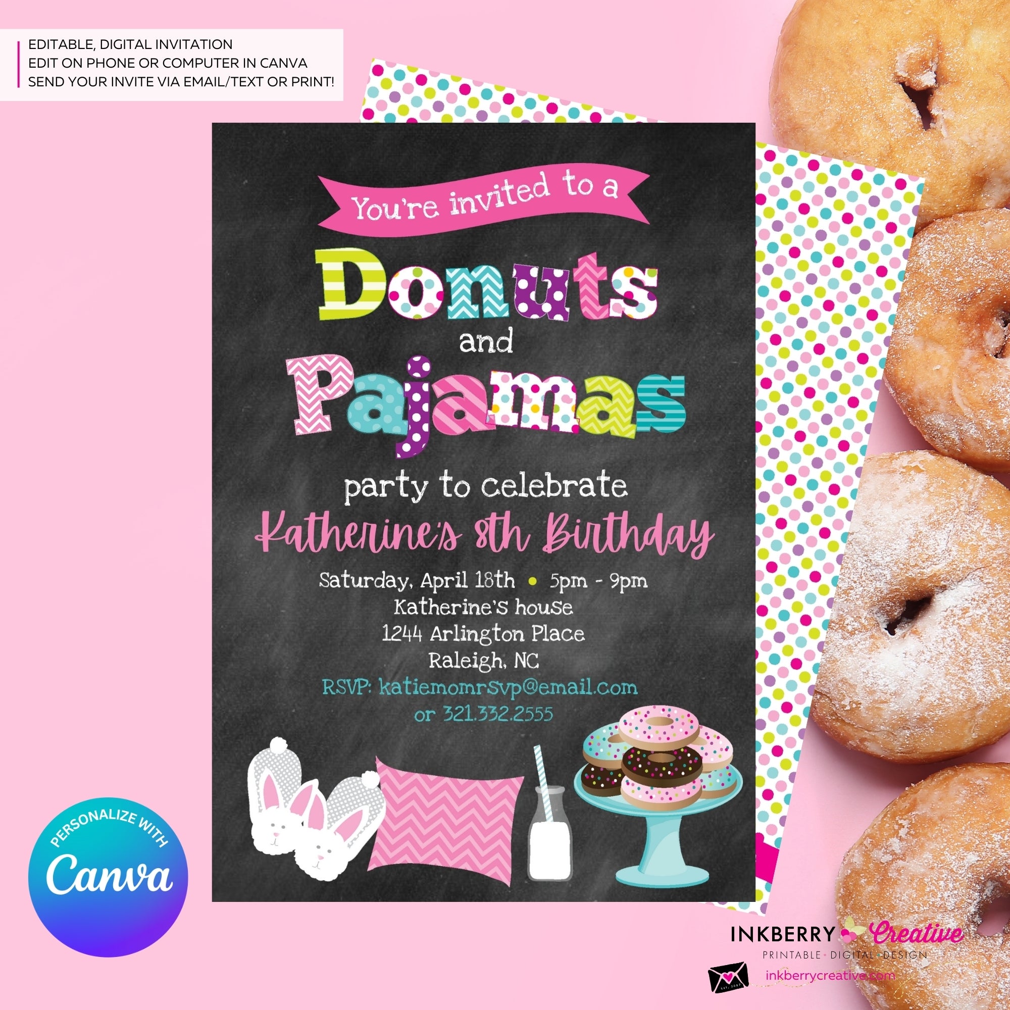 Donuts and Pajamas Party Invitation (Chalkboard Style) - Kids Donut Breakfast Pajama Birthday Party Invite - Edit in Canva