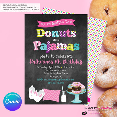 Donuts and Pajamas Party Invitation (Chalkboard Style) - Kids Donut Breakfast Pajama Birthday Party Invite - Edit in Canva