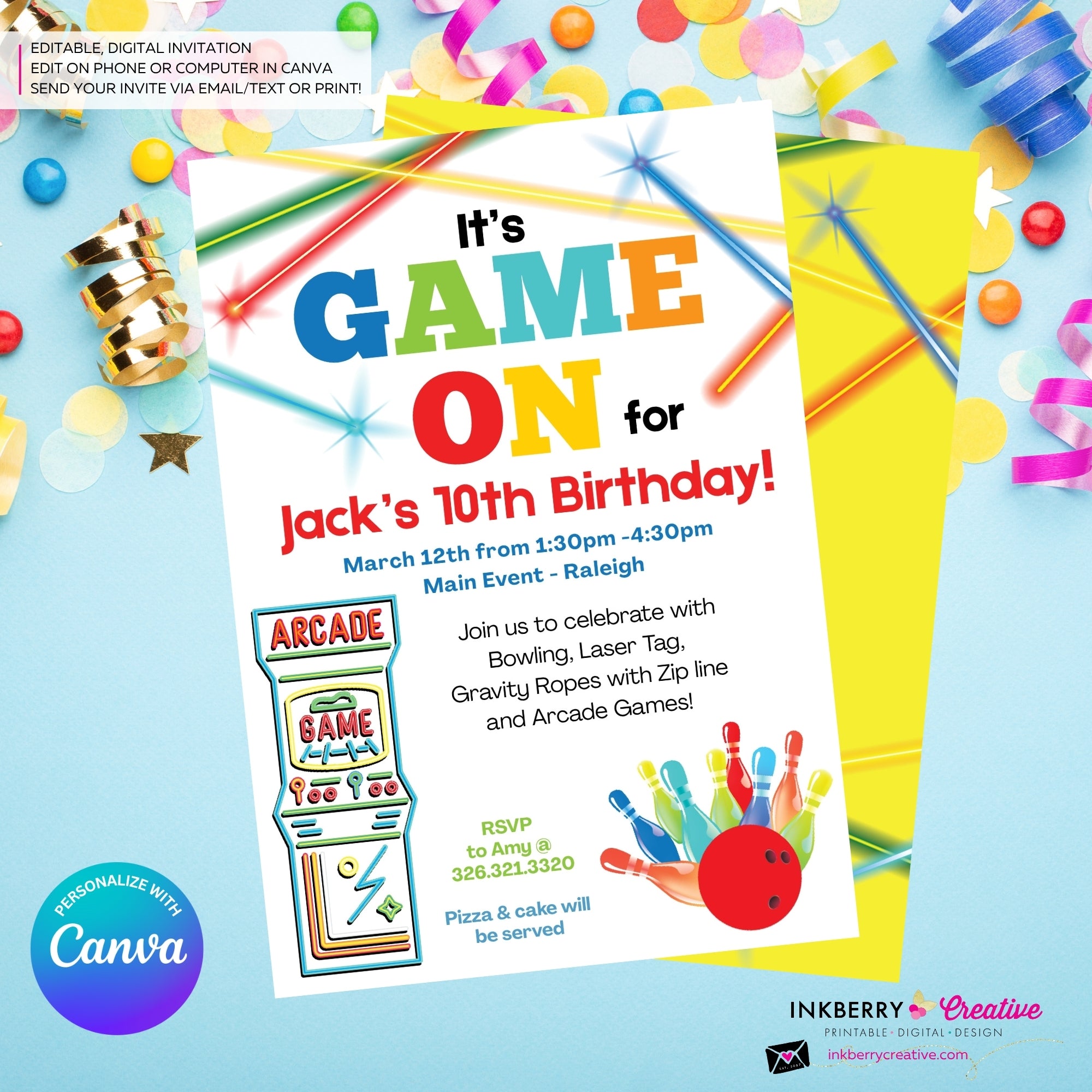 Game On - Arcade Games, Pizza Birthday Party Invitation - Boys Arcade Game Pizza Party - Printable, Digital File, Edit in Canva