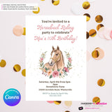 Horseback Riding Birthday Party Invitation, Watercolor, Horse, Flowers - Printable, Instant Download, Edit in Canva