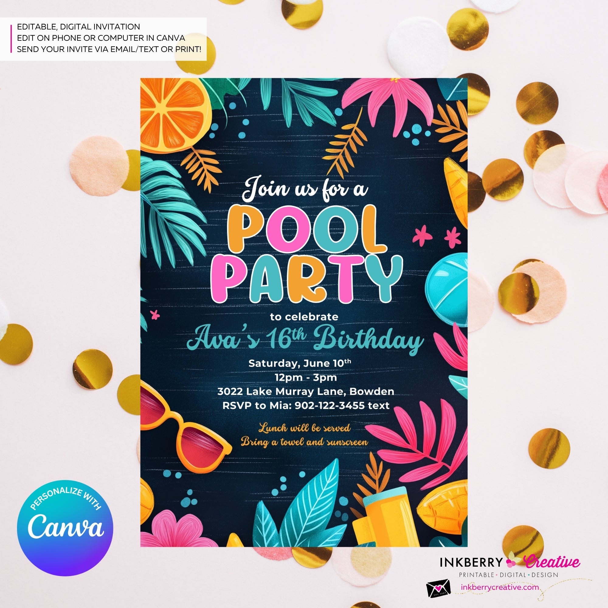 Citrus Summer Pool Party Invitation (Blue) - Summer Pool Party - Personalize and Edit in Canva