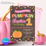 Pumpkin First Birthday (Girls) Woodgrain, Confetti Party Invitation - Printable, Edit in Canva