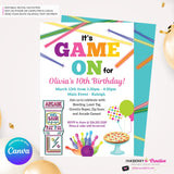 Game On - Arcade Games, Pizza, Bowling, Birthday Party Invitation - Girls Arcade Pizza Party - Printable, Instant Download, Edit in Canva