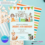 Editable Party Animal Birthday Party Invitation - Boys Cute Woodland Forest Animals Party Invite, Customize and Edit in Canva