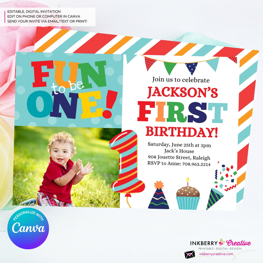 Fun to be One 1st Birthday Invite, Colorful Boys First Birthday Photo Invitation, Primary Colors, Printable, Digital Download, Edit in Canva