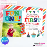 Fun to be One 1st Birthday Invite, Colorful Boys First Birthday Photo Invitation, Primary Colors, Printable, Digital Download, Edit in Canva