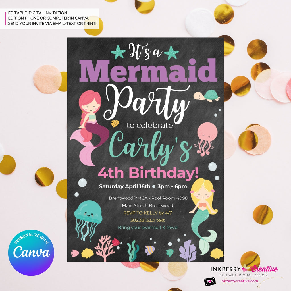 Mermaid Party Invitation - Chalkboard, Ocean Animals, Mermaids, Jelly Fish, Star Fish, Shells - Printable Instant Download, Edit in Canva