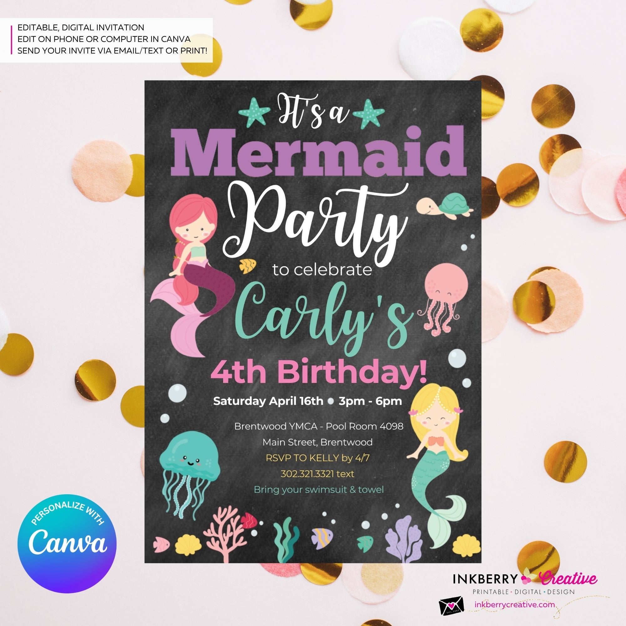 Mermaid Party Invitation - Chalkboard, Ocean Animals, Mermaids, Jelly Fish, Star Fish, Shells - Printable Instant Download, Edit in Canva