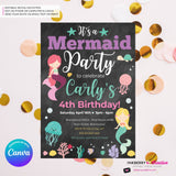 Mermaid Party Invitation - Chalkboard, Ocean Animals, Mermaids, Jelly Fish, Star Fish, Shells - Printable Instant Download, Edit in Canva