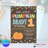 Pumpkin First Birthday (Boys) Woodgrain, Confetti Party Invitation - Printable, Edit in Canva