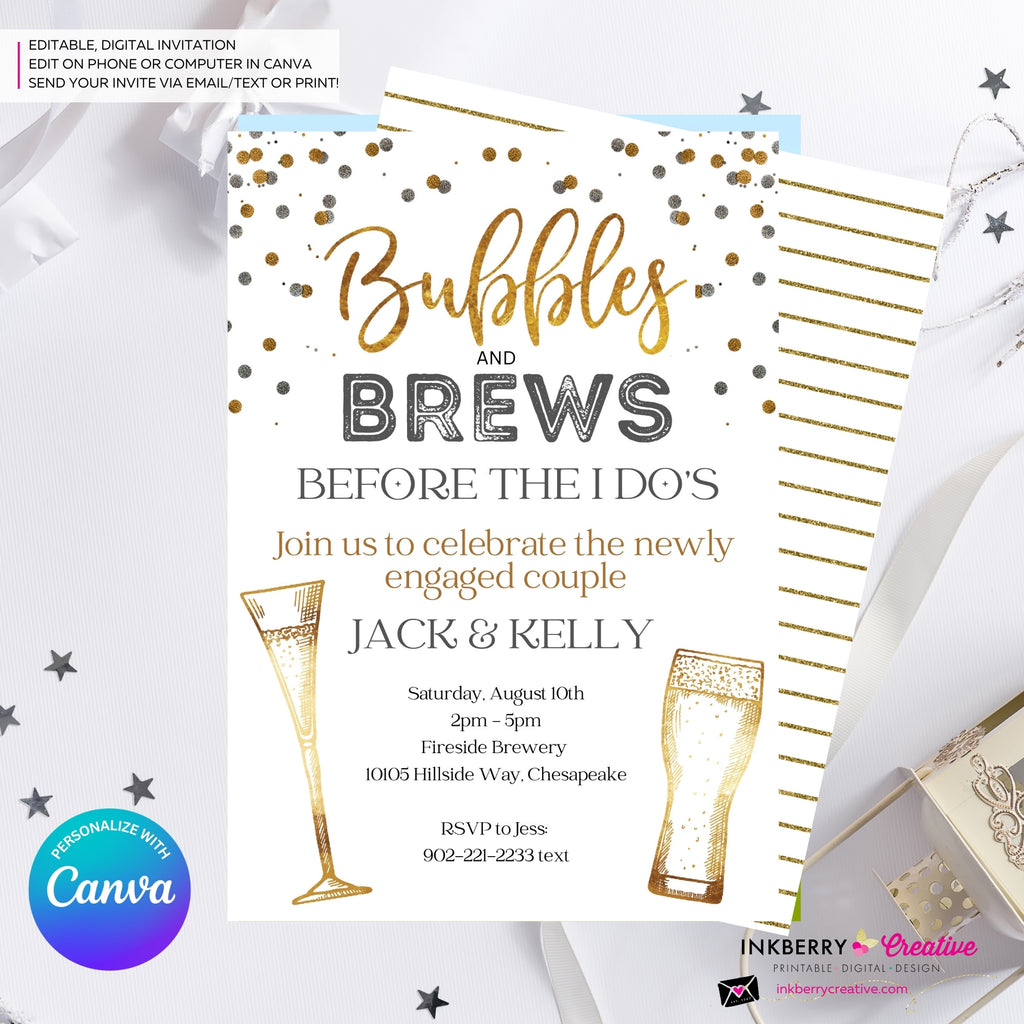 Bubbles and Brews Engagement Party or Shower Invitation, Digital Printable File, Personalize and Edit in Canva