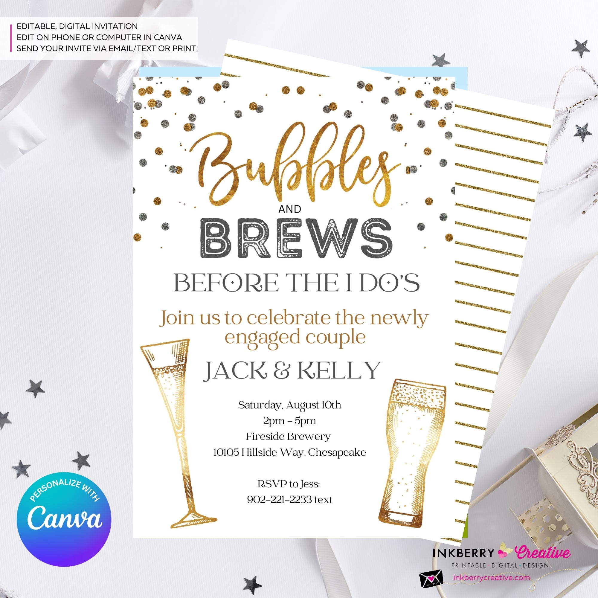 Bubbles and Brews Engagement Party or Shower Invitation, Digital Printable File, Personalize and Edit in Canva